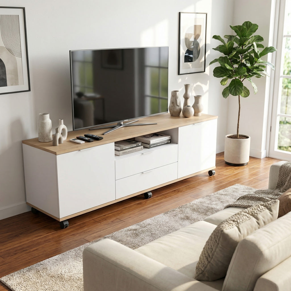 Rack de Tv Movil 160 cm Roble Kendal y Blanco