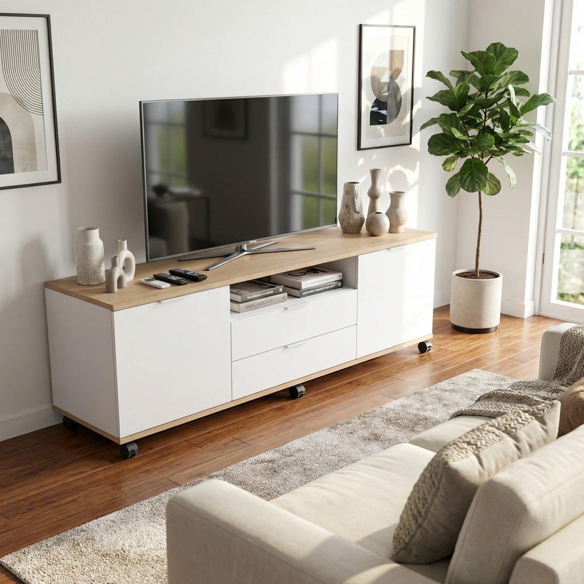 Rack de Tv Movil 160 cm Roble Kendal y Blanco