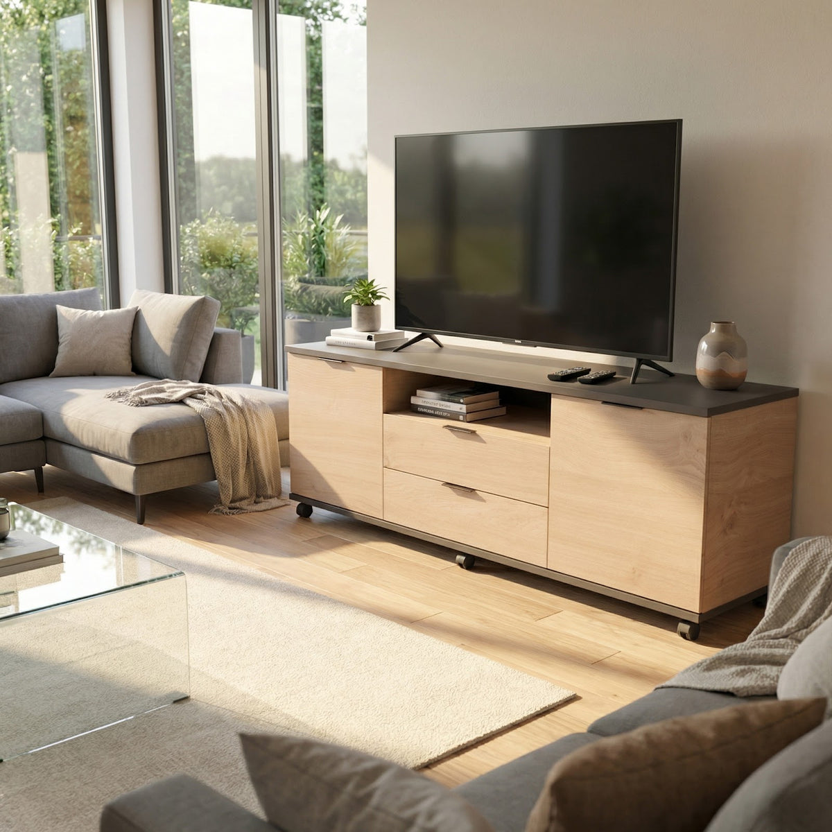 Rack de Tv Movil 160 cm Gris y Roble Kendal