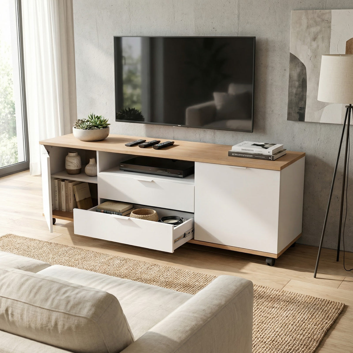 Rack de Tv Movil 160 cm Roble Kendal y Blanco