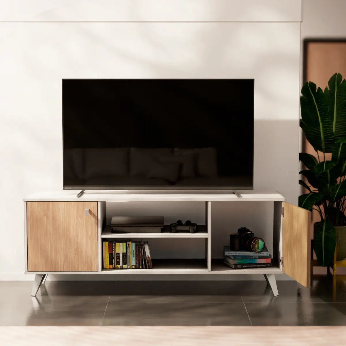 Rack De Tv 140 cm Escandinavo Blanco Roble Kendal