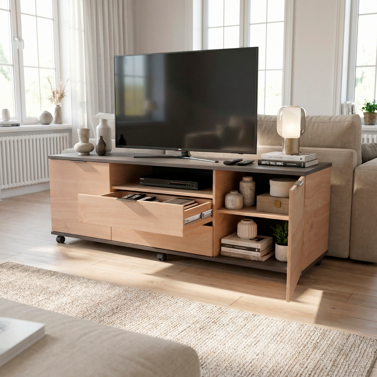 Rack de Tv Movil 160 cm Gris y Roble Kendal