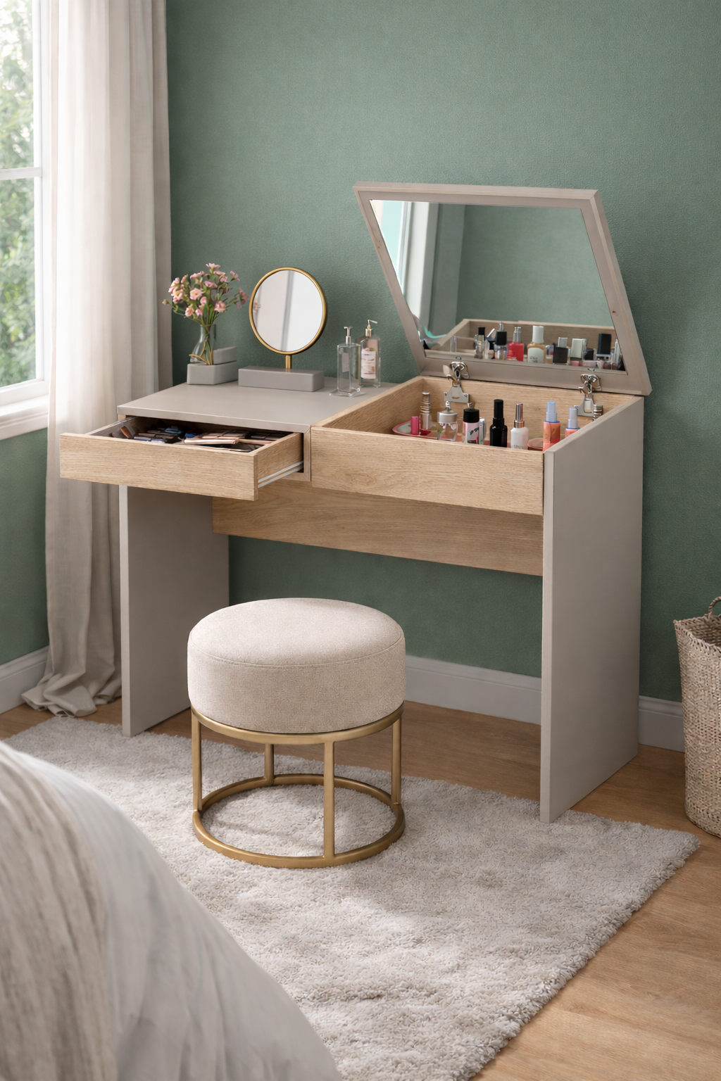 Maquillador Tocador Escritorio con Espejo Gris Arcilla Roble Kendal